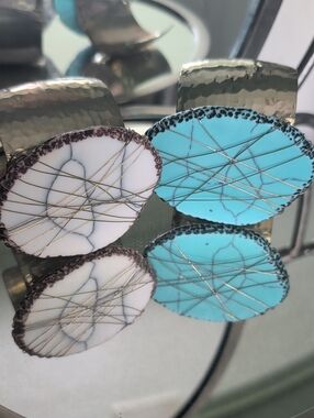 Handmade Turquoise & White Stone Wire-Wrapped Cuff Bracelet 2 Of Them.